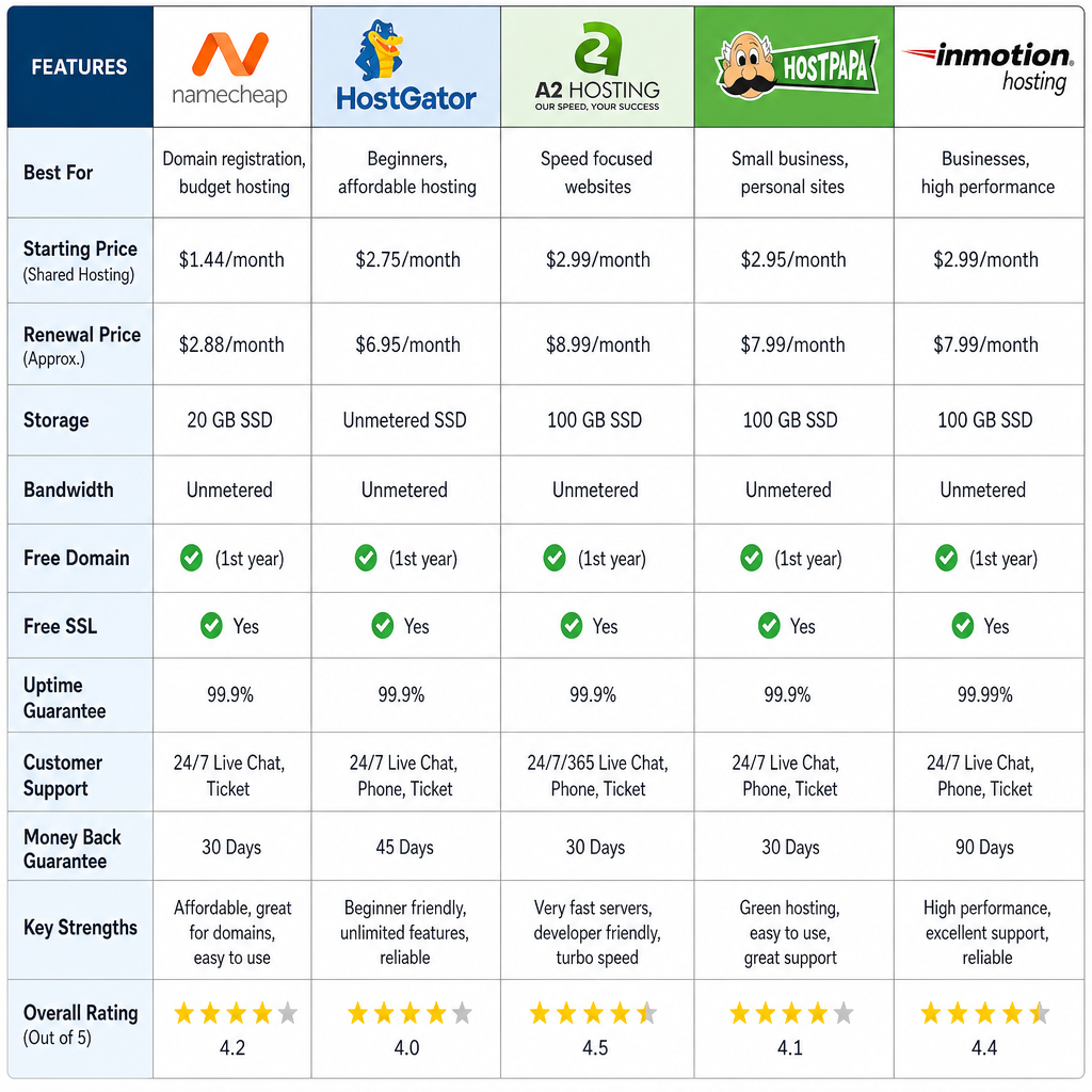 A side-by-side comparison chart of Namecheap, HostGator, A2 Hosting, HostPapa, and InMotion Hosting