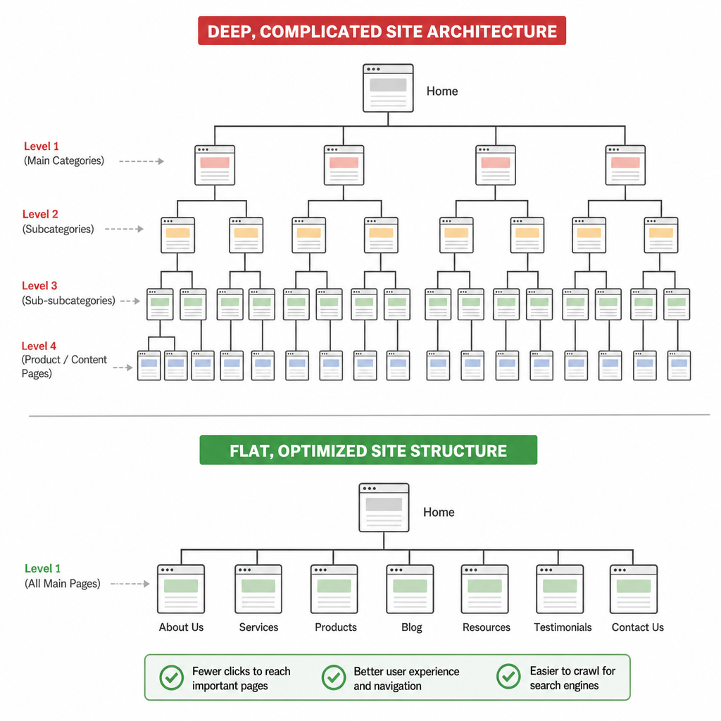 Diagram showing the difference between a deep, complicated site architecture and a flat, optimized site structure
