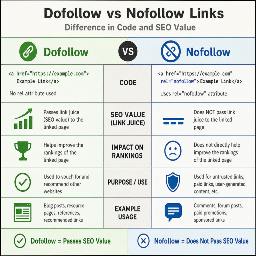 A chart showing the difference in code and SEO value between dofollow and nofollow links