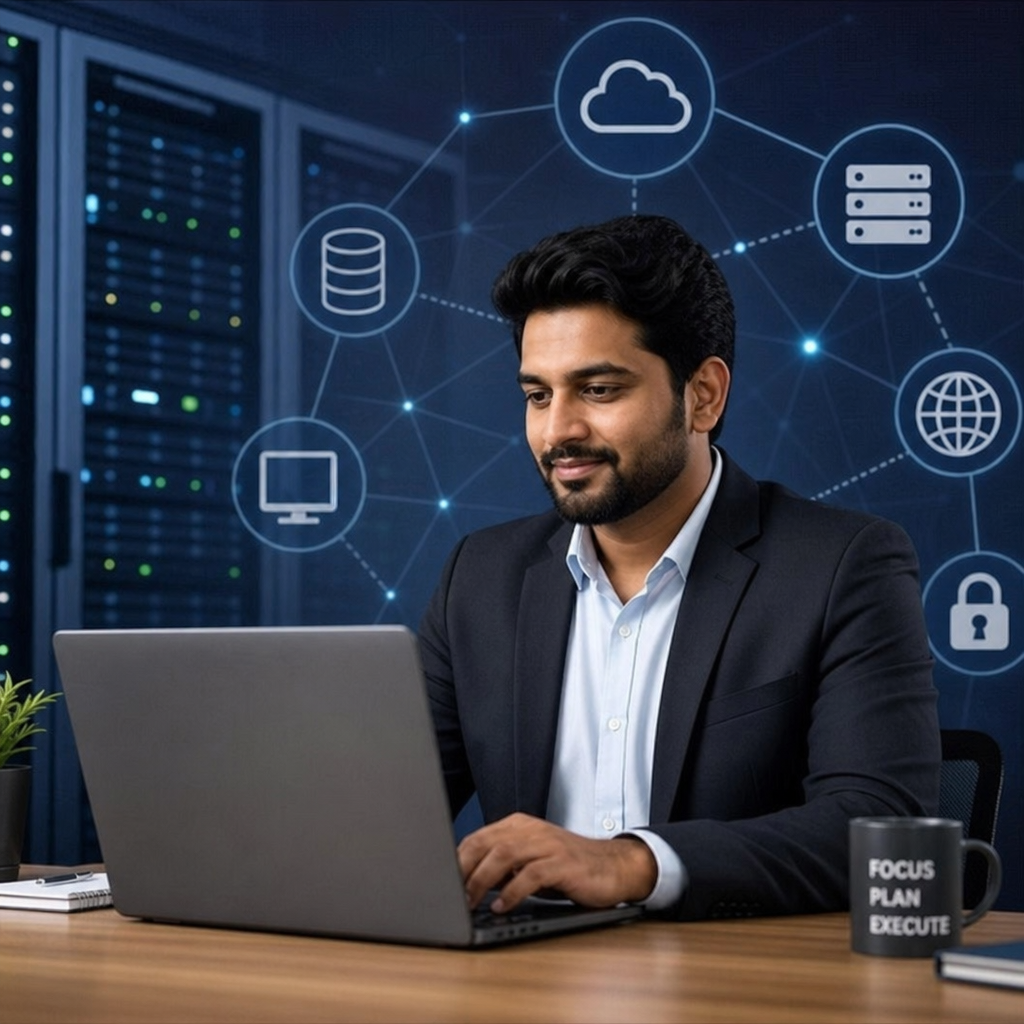 A confident business owner working on a laptop with server network graphics in the background