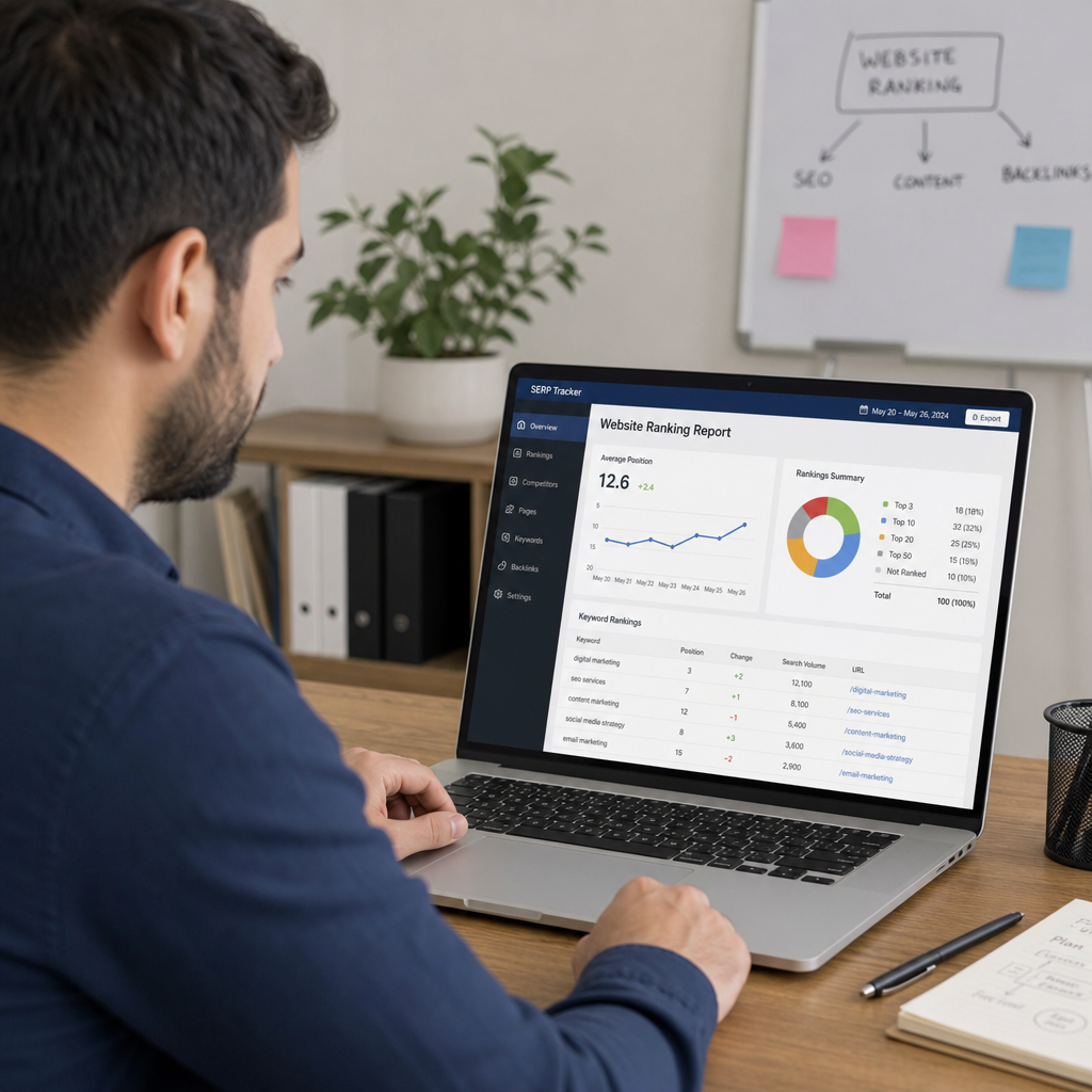 A professional analyzing data charts on a laptop showing a web ranking report
