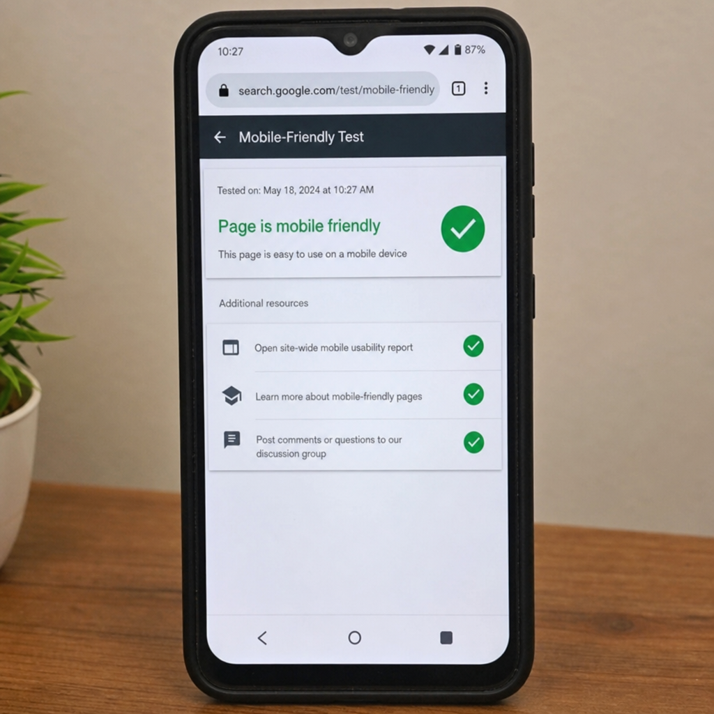Mobile phone displaying a website passing Google's mobile-friendly test with green checkmarks