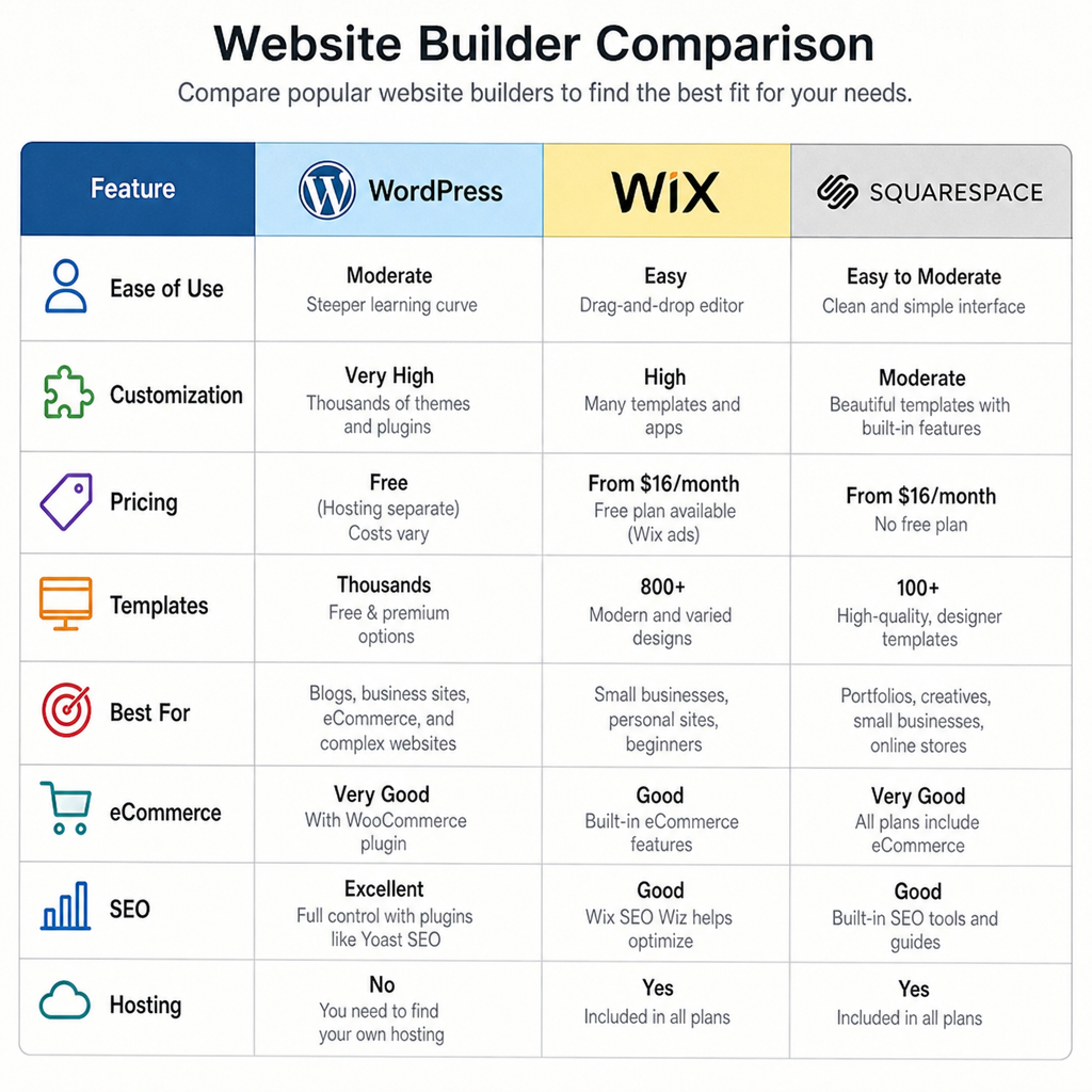 A comparison graphic of different website builders like WordPress, Wix, and Squarespace