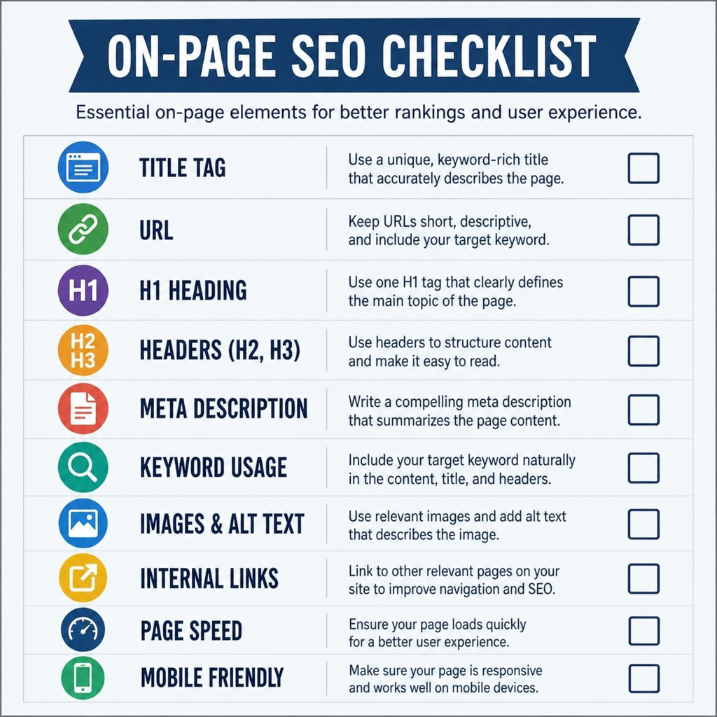 checklist graphic detailing vital on-page SEO elements like title tags, URLs, and headers