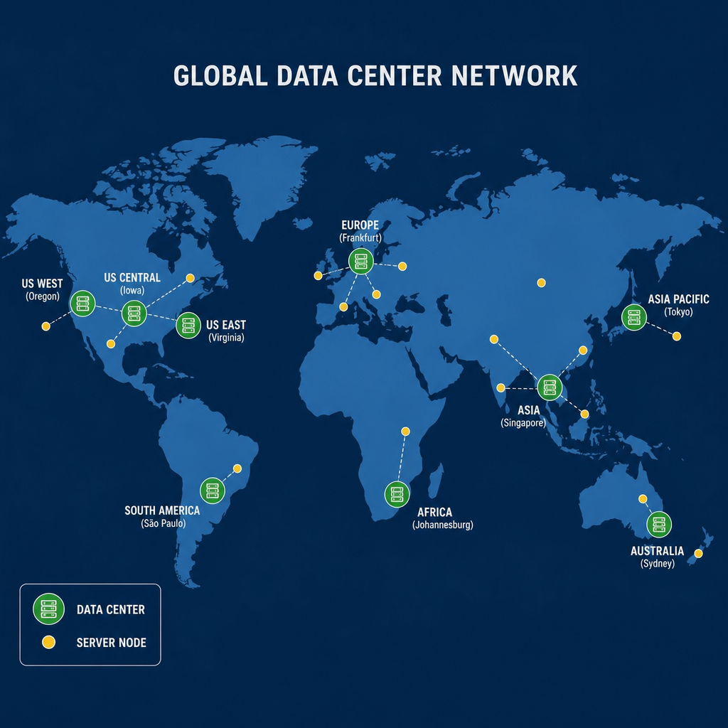 world map highlighting different data center locations and server nodes