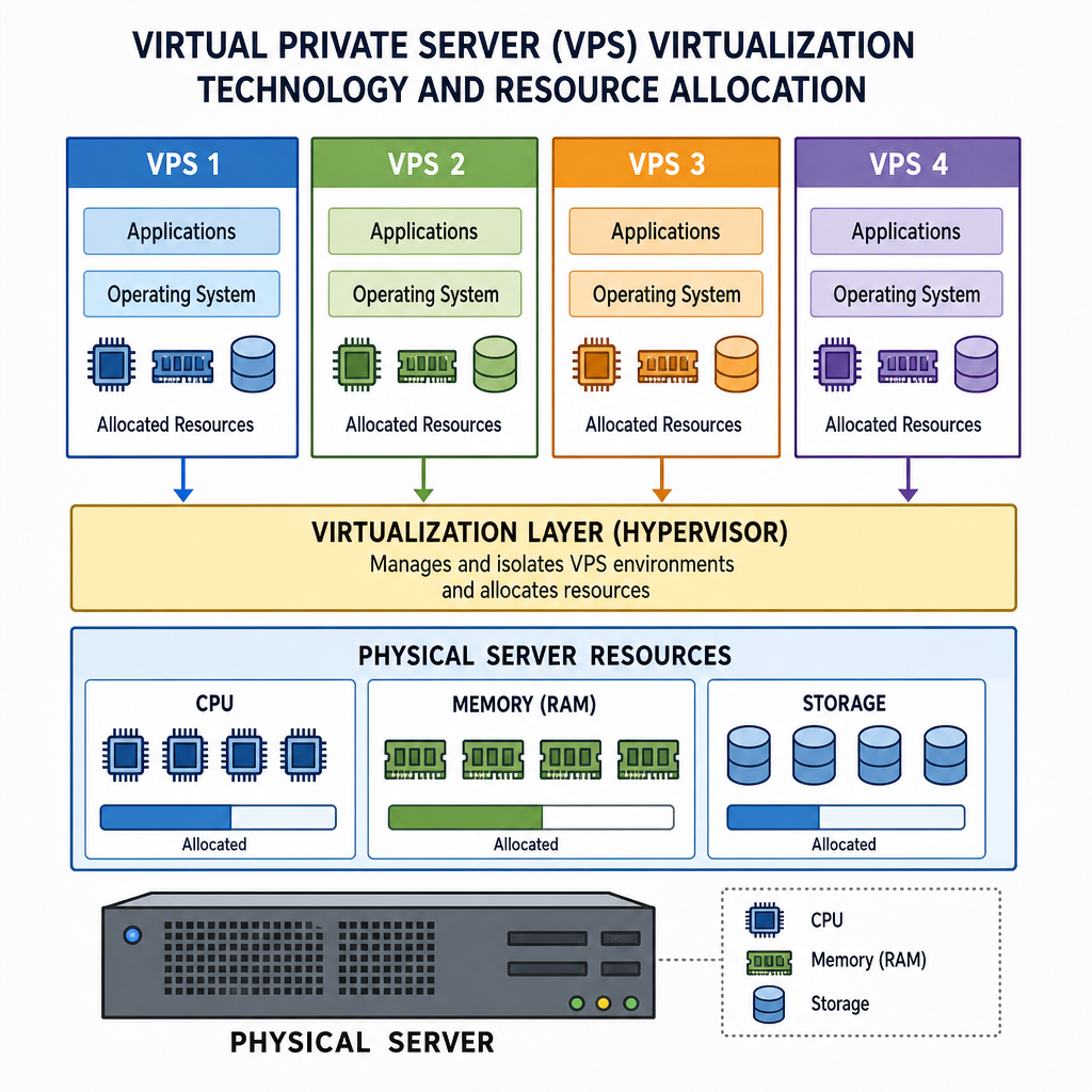 Diagram showing virtual private server virtualization technology and resource allocation