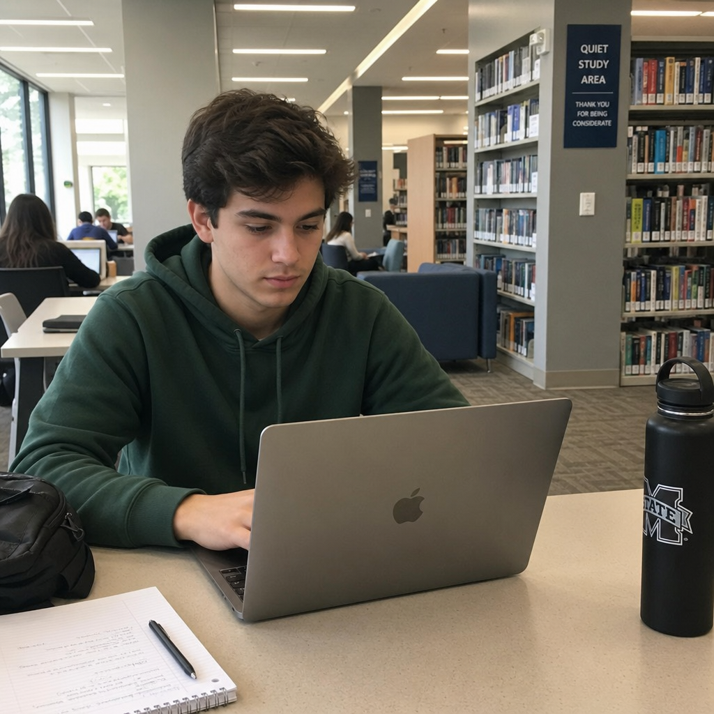 A student working on a laptop in a modern campus library