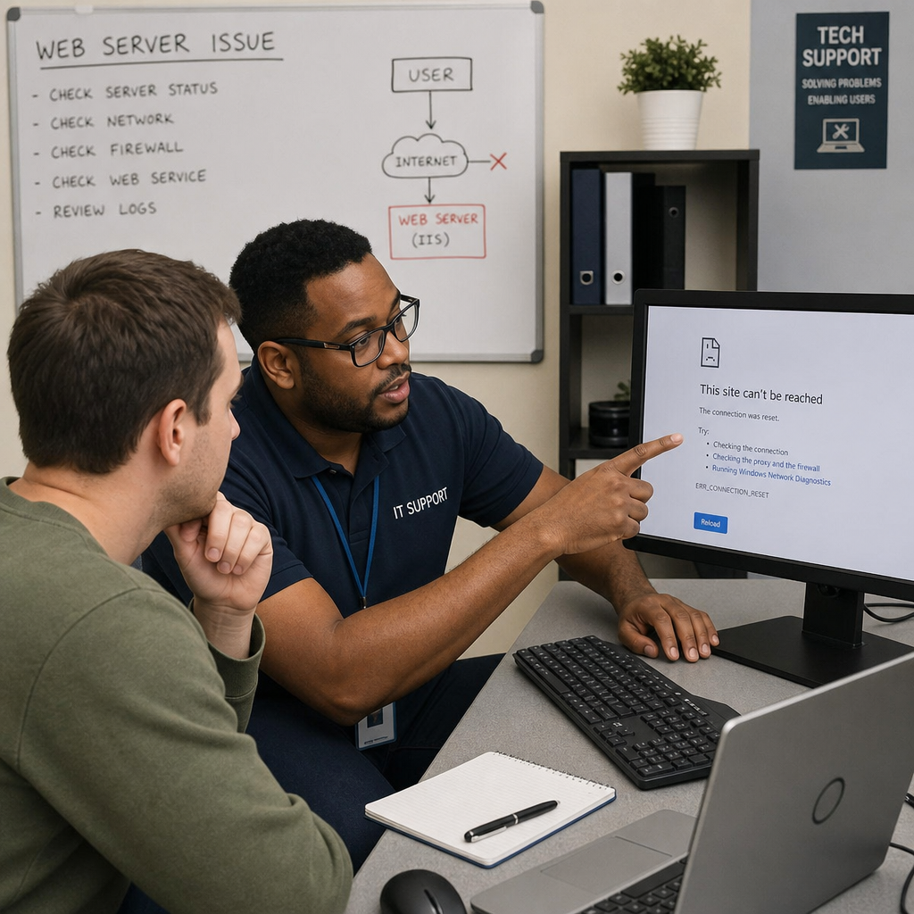 IT support specialist helping a client troubleshoot a web server issue