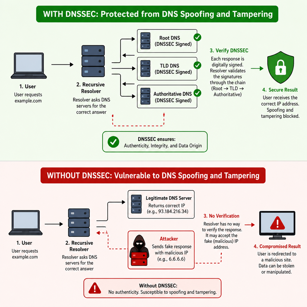 Graphic illustrating how DNSSEC prevents DNS spoofing and tampering