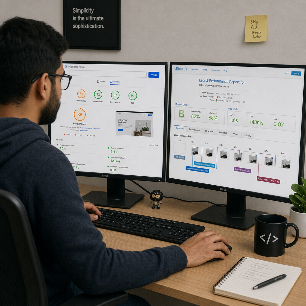 A web developer analyzing website performance charts on a dual monitor setup