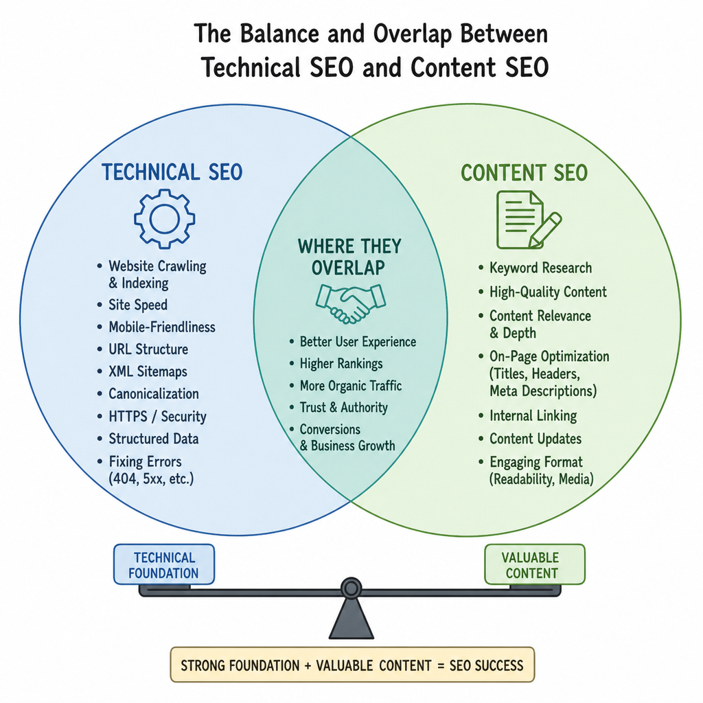diagram showing the balance and overlap between technical SEO and content SEO