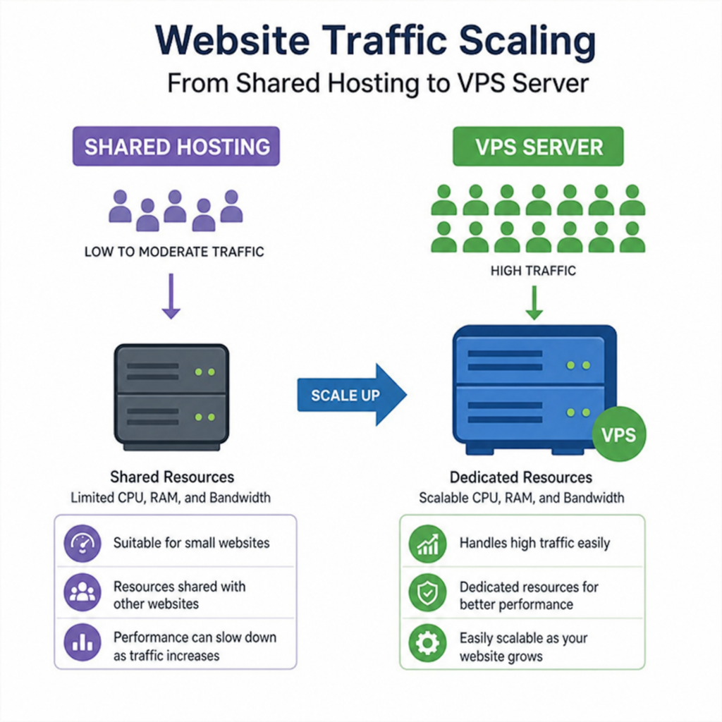 A visual representation of website traffic scaling from shared hosting to a VPS server in English